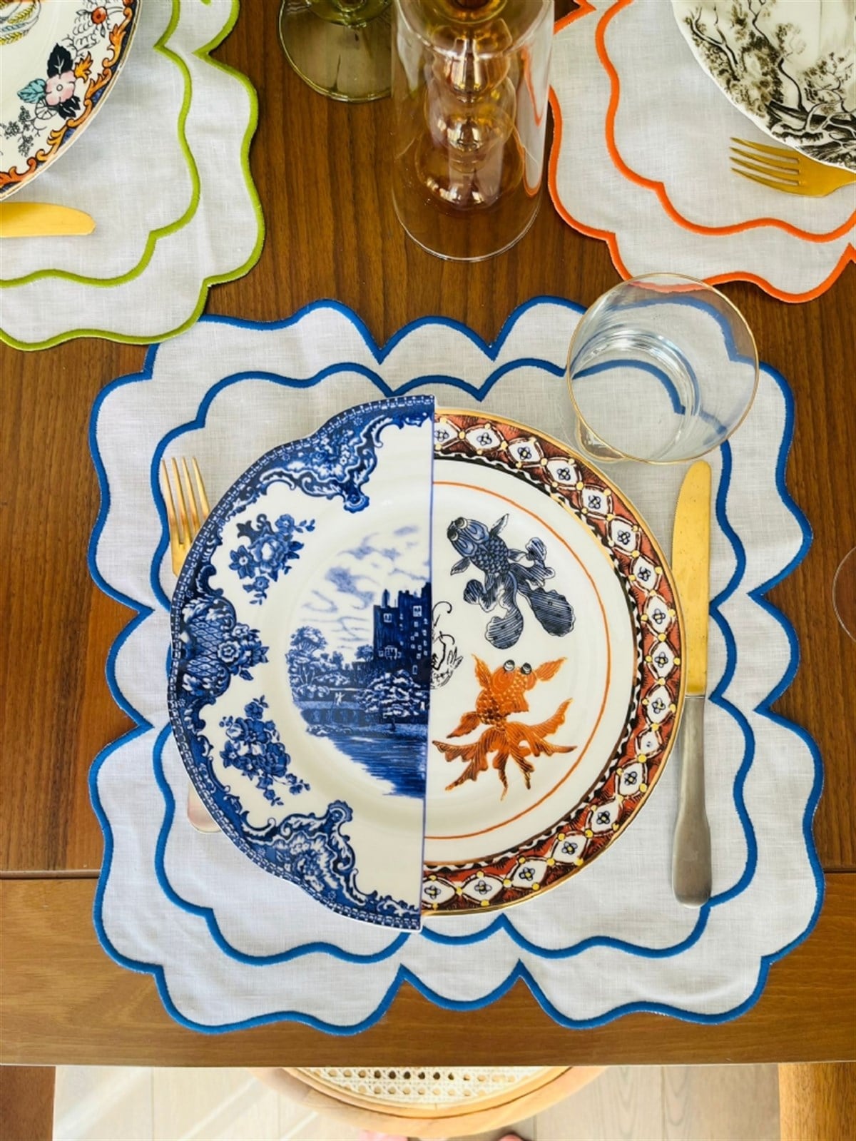 Dekoratif Mavi Amerikan Servis - 2 Adet Victorian Çift Sargı Oval Mavi Nakışlı Supla
