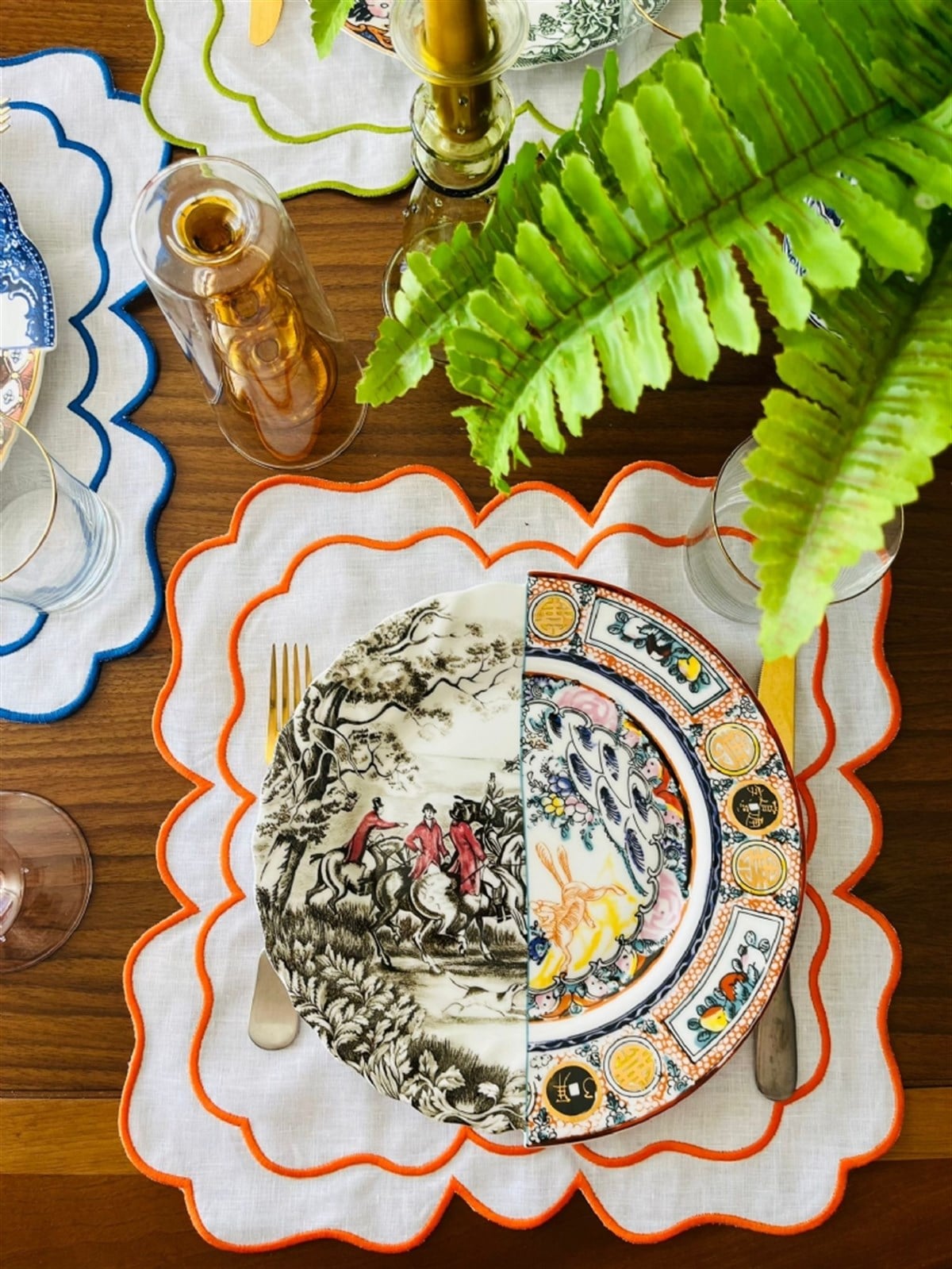 Dekoratif Mavi Amerikan Servis - 2 Adet Victorian Çift Sargı Oval Turuncu Nakışlı Supla