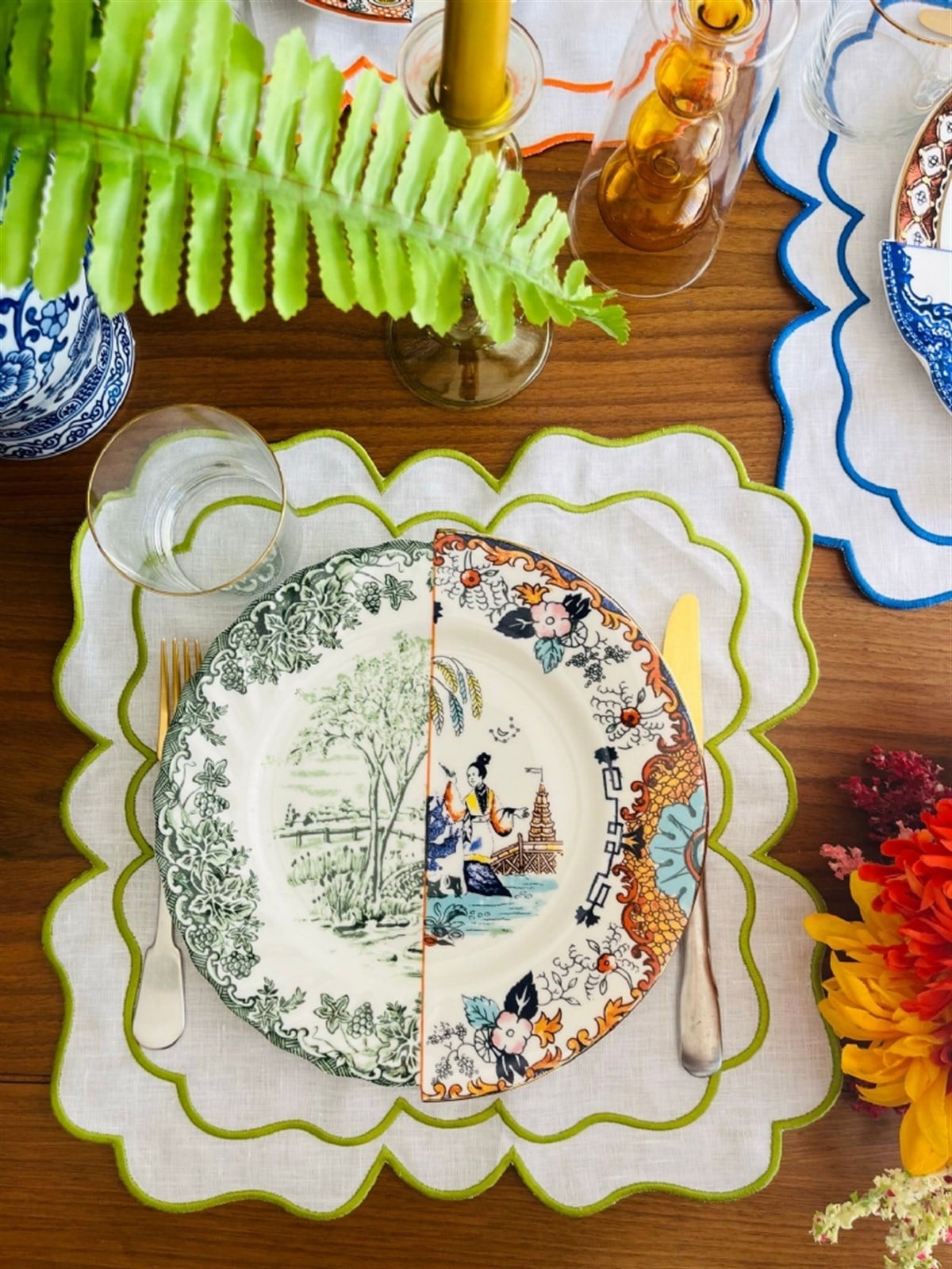 Dekoratif Mavi Amerikan Servis - 2 Adet Victorian Çift Sargı Oval Yeşil Nakışlı Supla