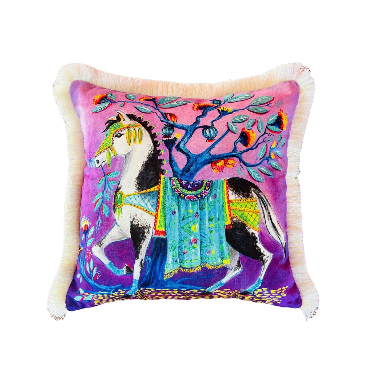 Dekoratif Mustang At Desenli Mor Kadife Kırlent Kılıfı ( 45 cm x 45 cm )