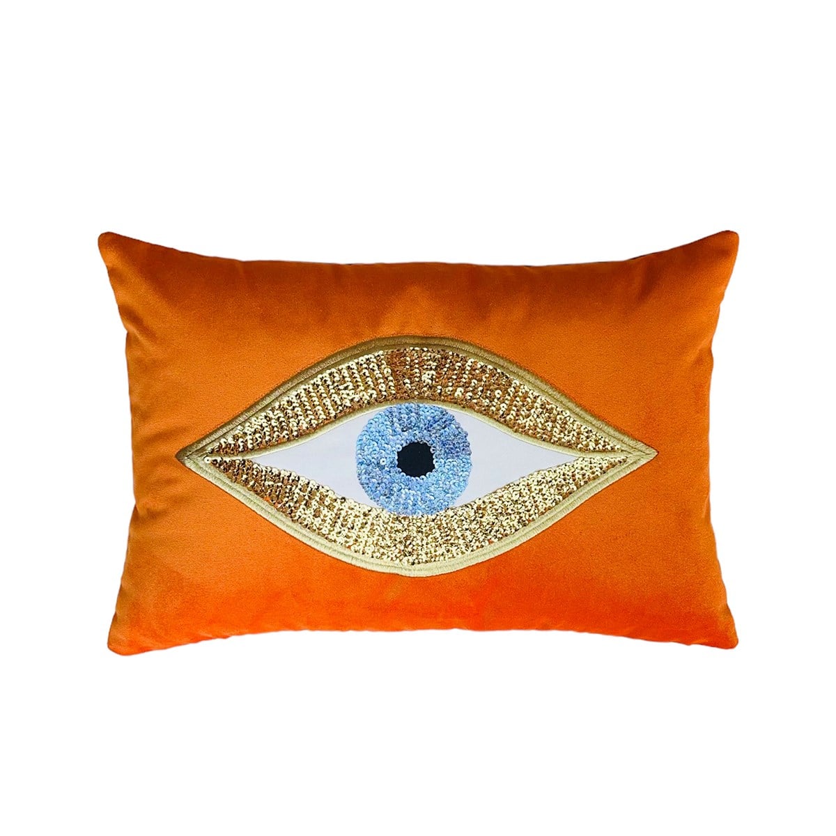 Dekoratif Pullu Göz Desenli Turuncu Kadife Kırlent Kılıfı ( 35 cm x 50 cm ) 