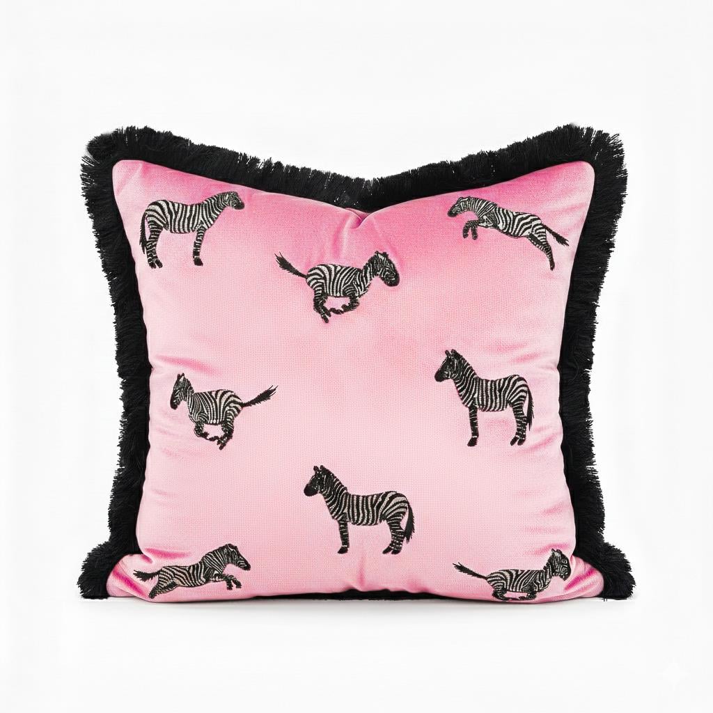 Dekoratif Zebra Desenli Pembe Kadife Kırlent Kılıfı