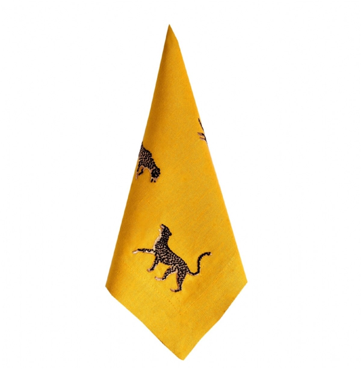 Sarı Servis Peçetesi - Leopar Deseni Nakış İşlemeli Keten Kumaş Peçete
