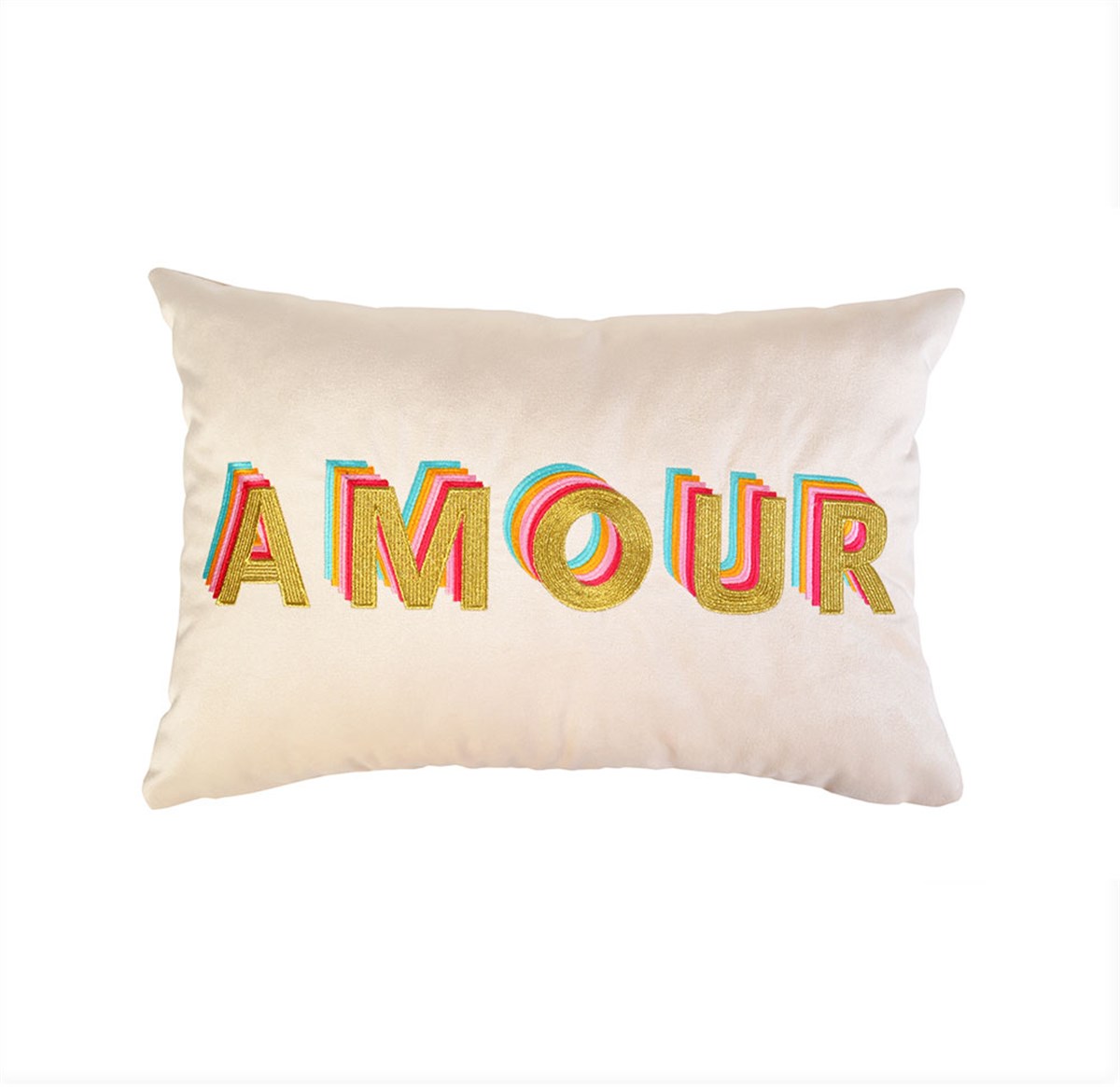 Amour Desenli Krem Kadife Dekoratif Kırlent Kılıfı