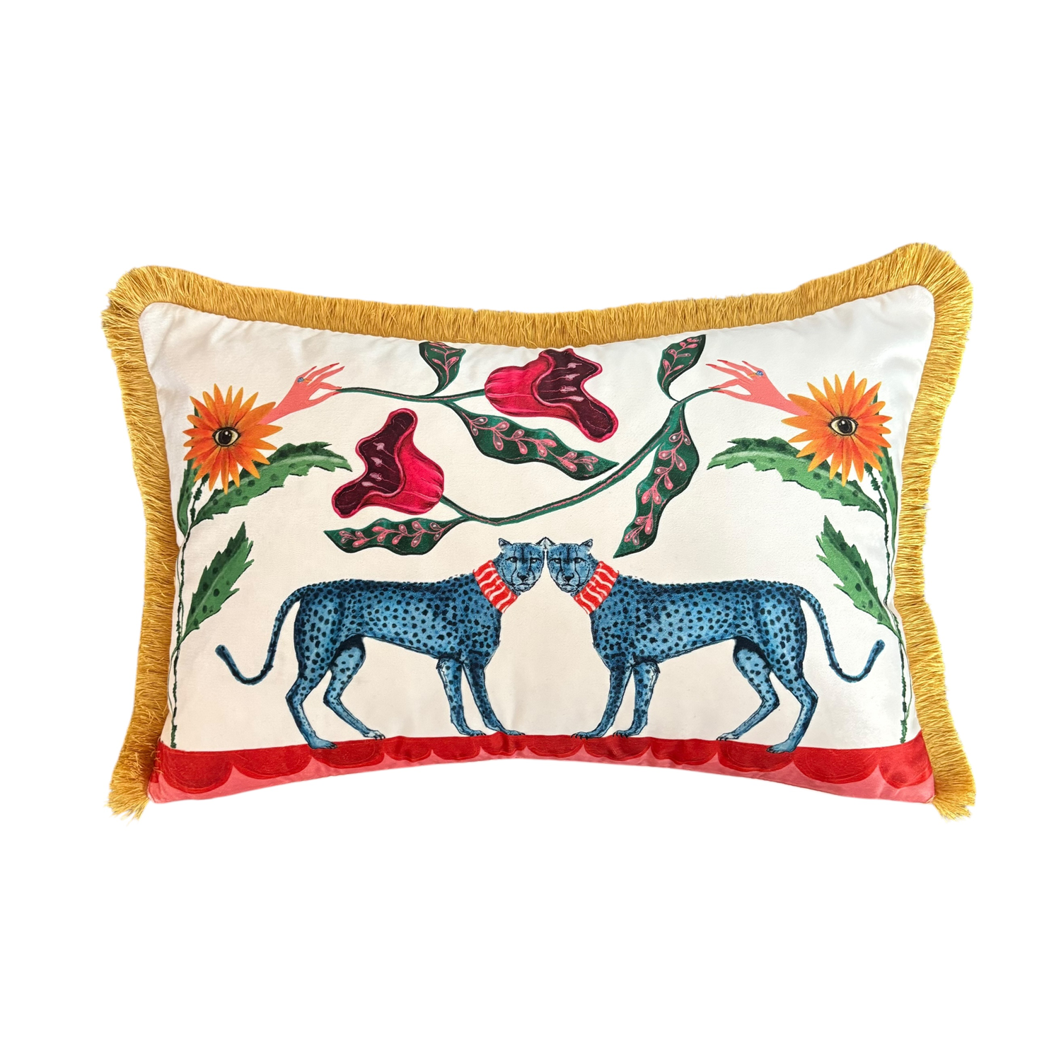 Boho Çiçek ve Çift Leopar Desenli Kadife Yastık Kılıfı – 40x60 cm – Püsküllü Dekoratif Kırlent Kılıfı