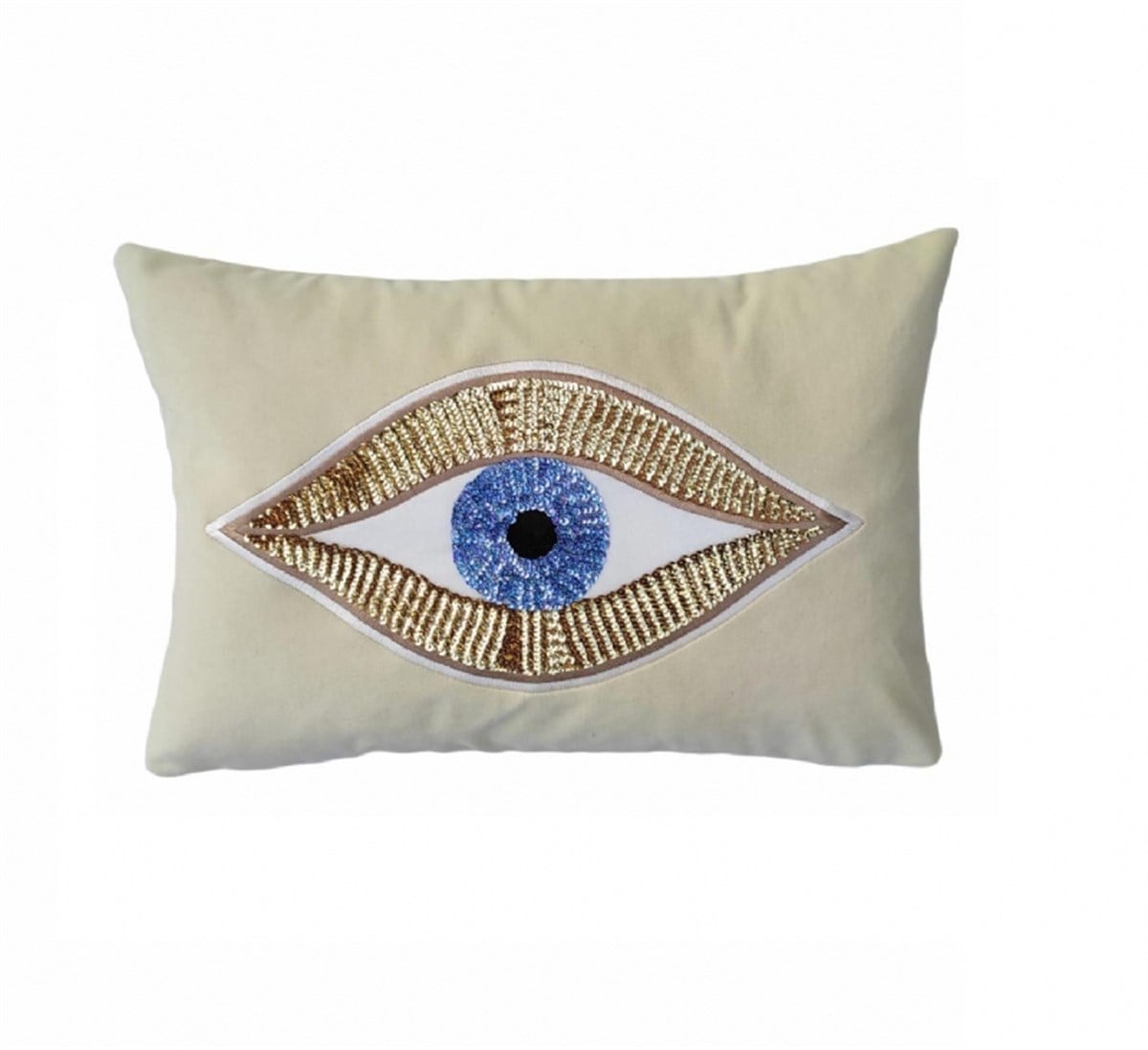 Dekoratif Bej Kadife Kırlent Kılıfı - Göz Desenli Yastık Kılıfı 35 cm x 50 cm