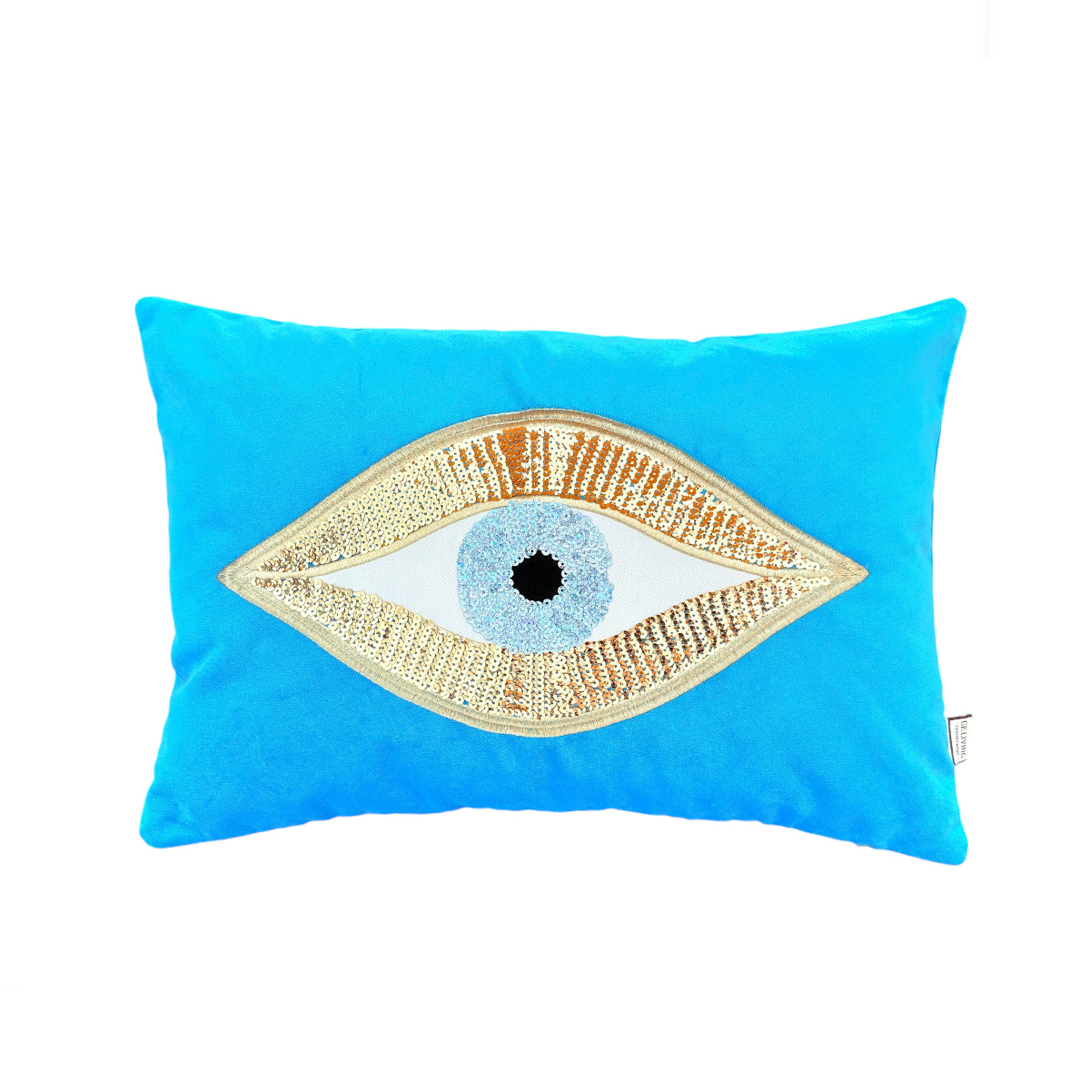 Dekoratif Pullu Göz Desenli Aqua Marin Kadife Kırlent Kılıfı ( 35 cm x 50 cm ) 