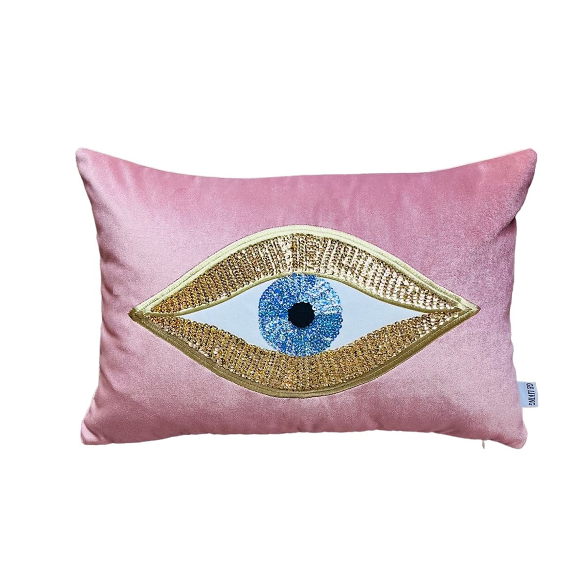 Dekoratif Pullu Göz Desenli Pembe Kadife Kırlent Kılıfı ( 35 cm x 50 cm ) 