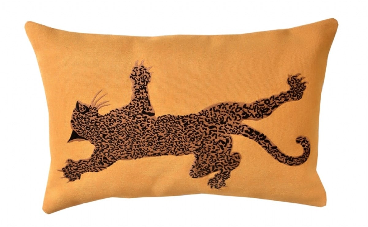 Leopar Deseni Nakış İşlemeli Kırlent Kılıfı - Dekoratif Sarı Kadife Yastık