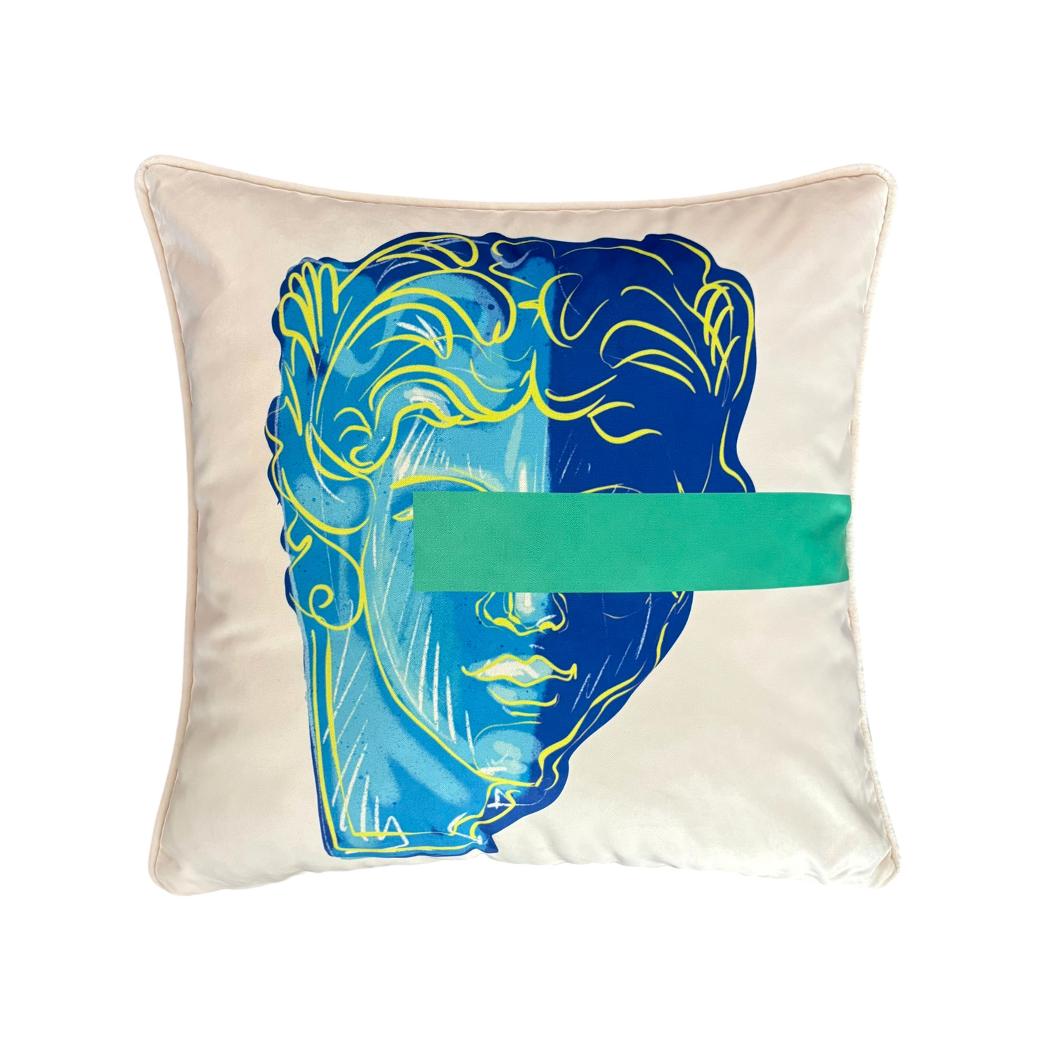 Pop Art “Blindfold” David Desenli Kadife Yastık Kılıfı – 50x50 cm – Modern Dekoratif Kırlent Kılıfı