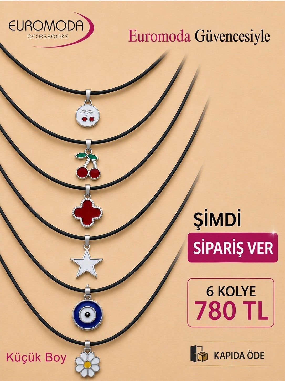  Papatya Yıldız Kiraz Detaylı 6 Adet Deri Kolye
