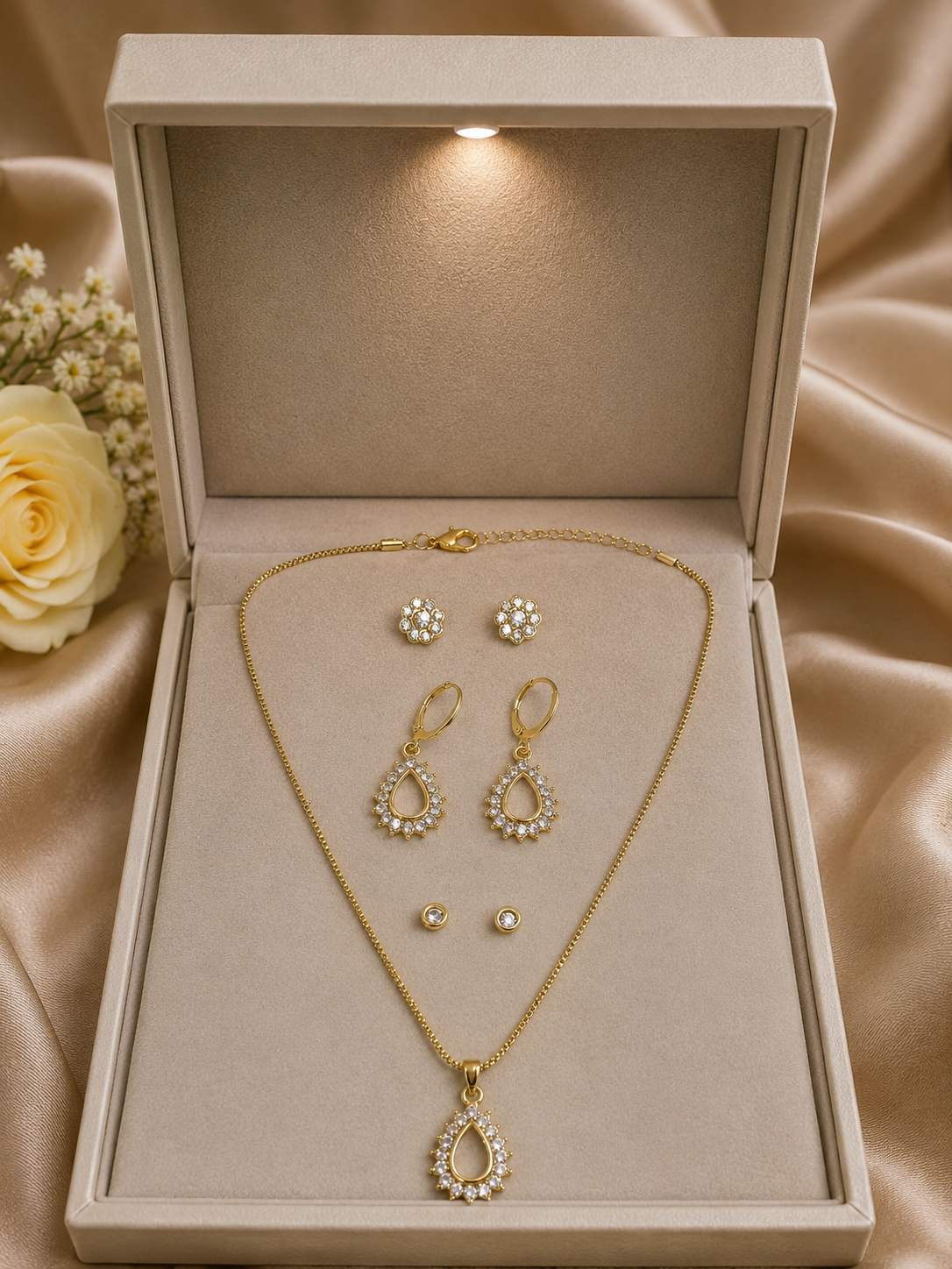 Damla Detaylı Gold Renk 4'lü Zincir Kolye Küpe Seti