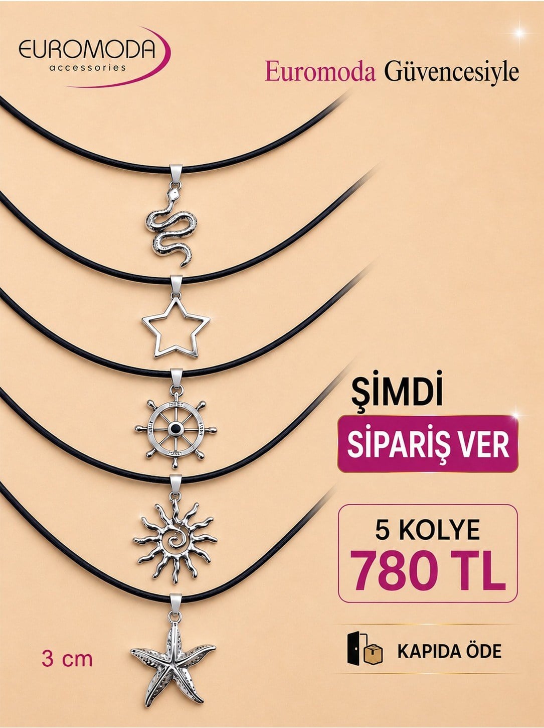 Deniz Yıldızı Güneş Çapa Detaylı 5 Adet Deri Kolye