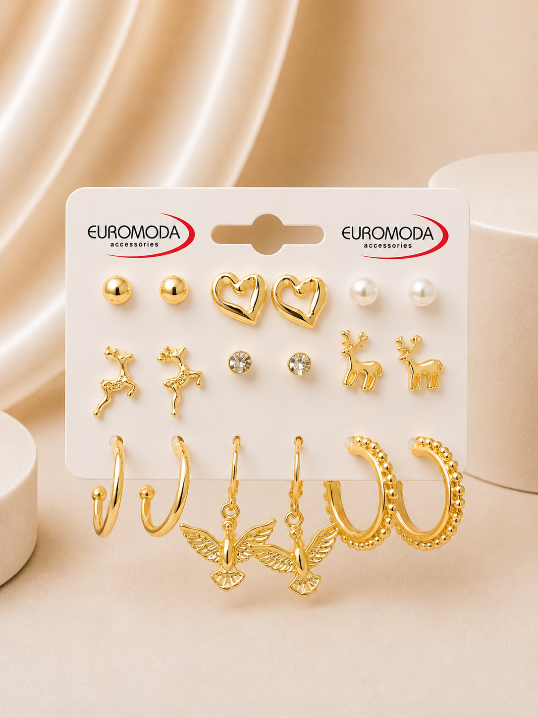 Geyik Kuş Detaylı 9'lu Gold Renk Küpe Seti