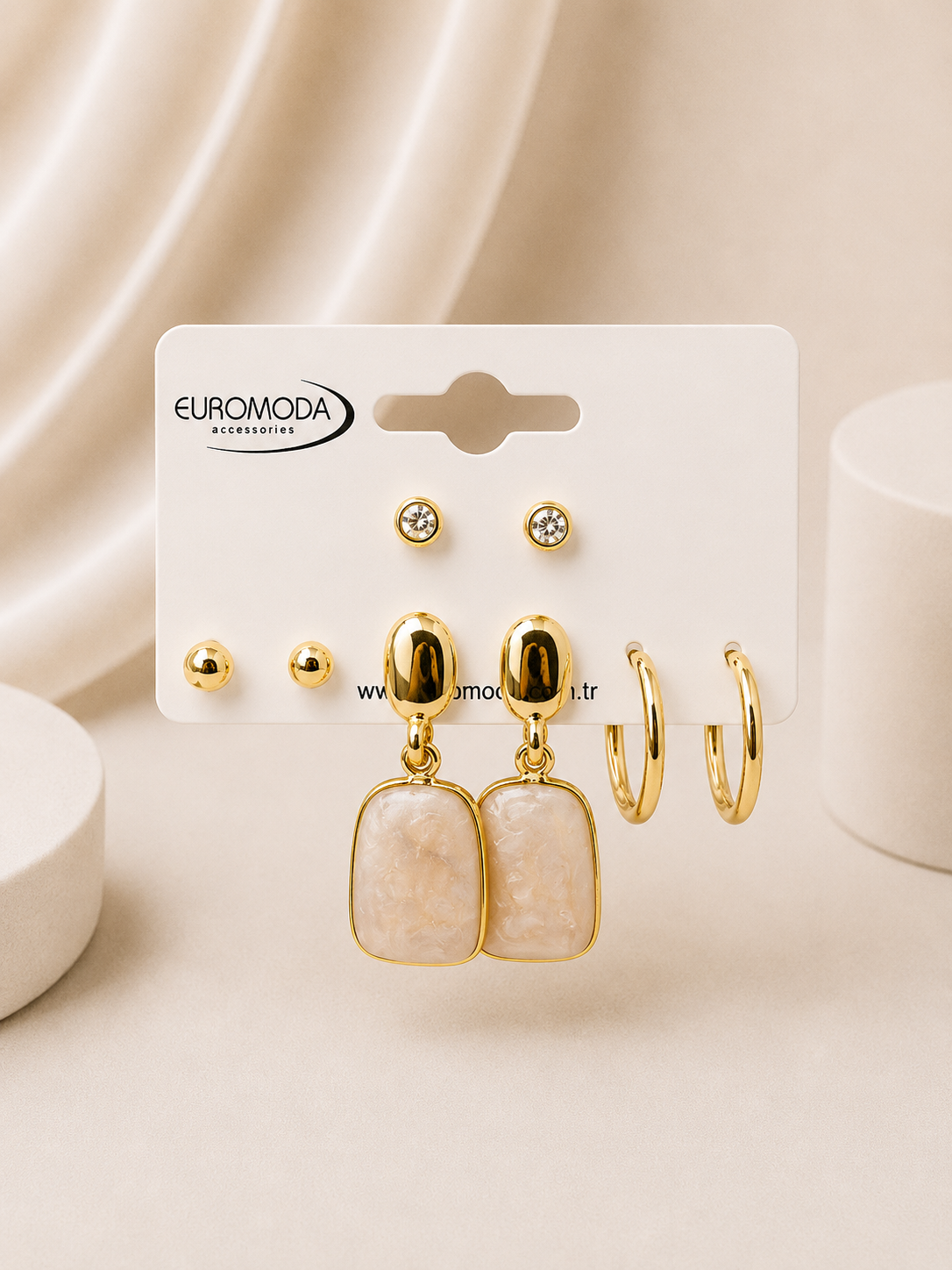Gold  Ekru Mineli Vidalı 4'lü Küpe Seti 