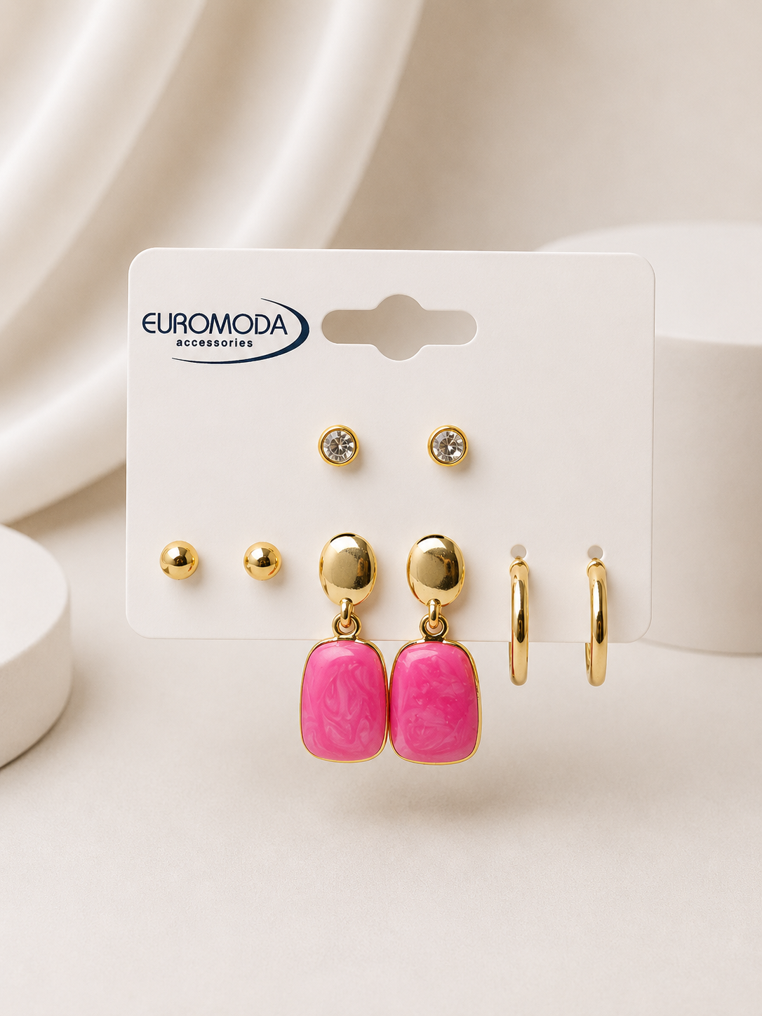 Gold Pembe Mineli Vidalı 4'lü Küpe Seti