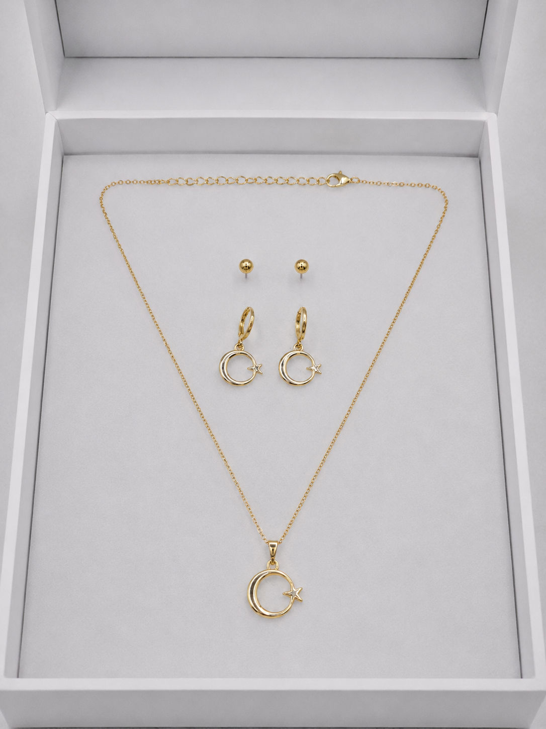 Gold Renk Hilal Yıldız Detaylı 3'lü Kolye Top Küpe Seti