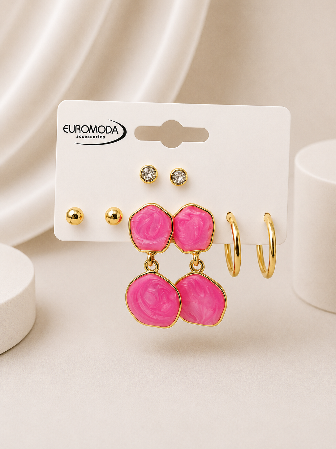 Gold Yuvarlak Pembe Mineli Vidalı 4'lü Küpe Seti 