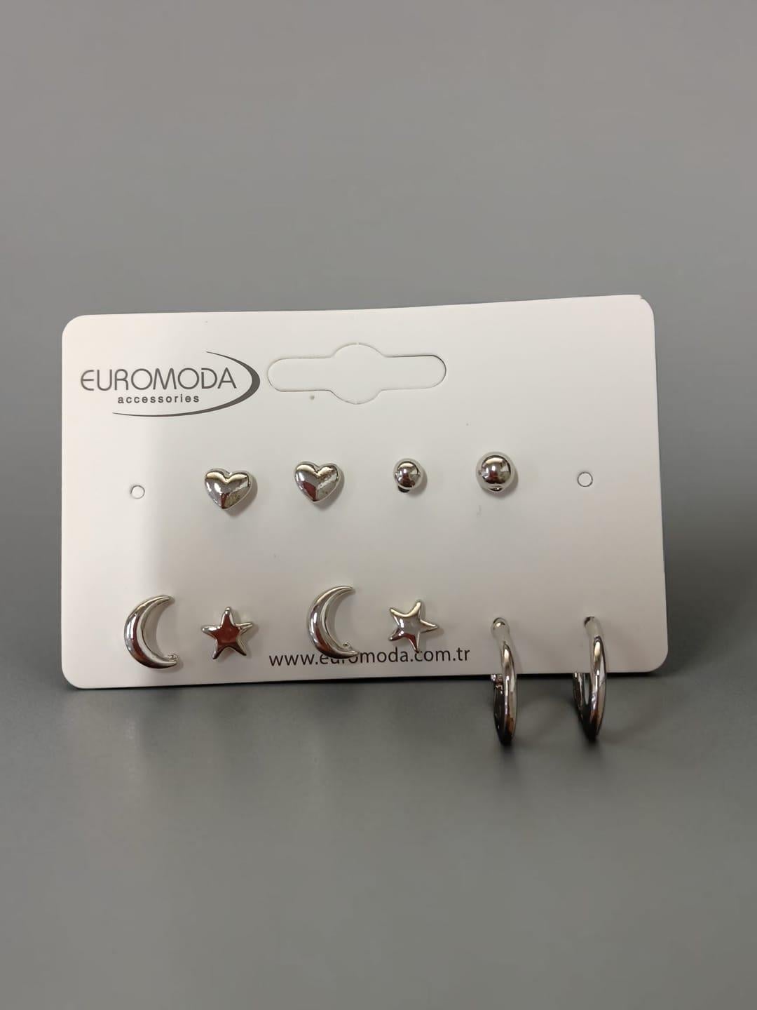 Gümüş Renk 5'li Çift Küpe Seti - Ay Yıldız, Kalp ve Halka Figürlü Karma Kombin Küpe Paketi