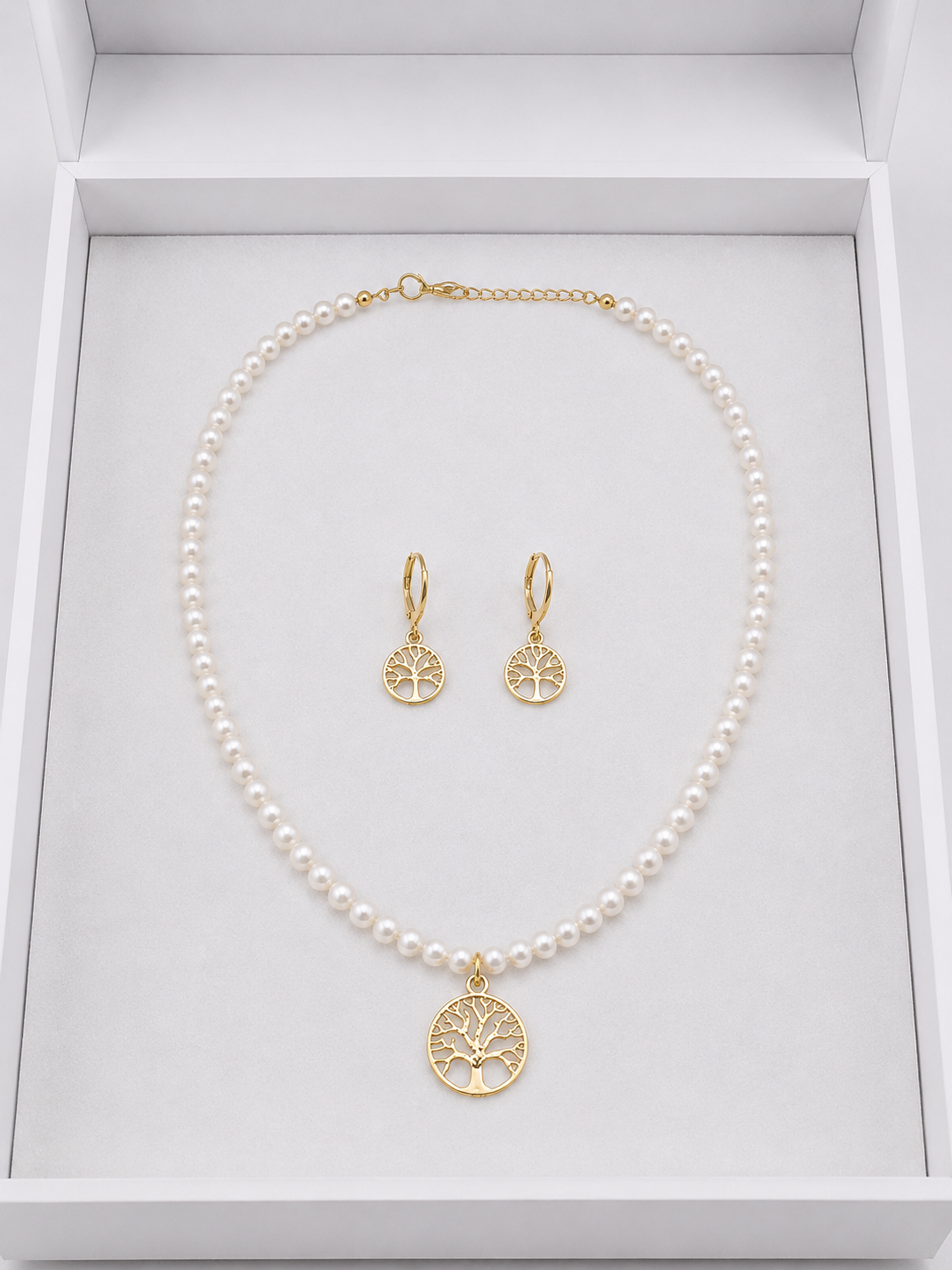 Hayat Ağacı Gold Detaylı İnci 2'li Kolye Ve Küpe Seti