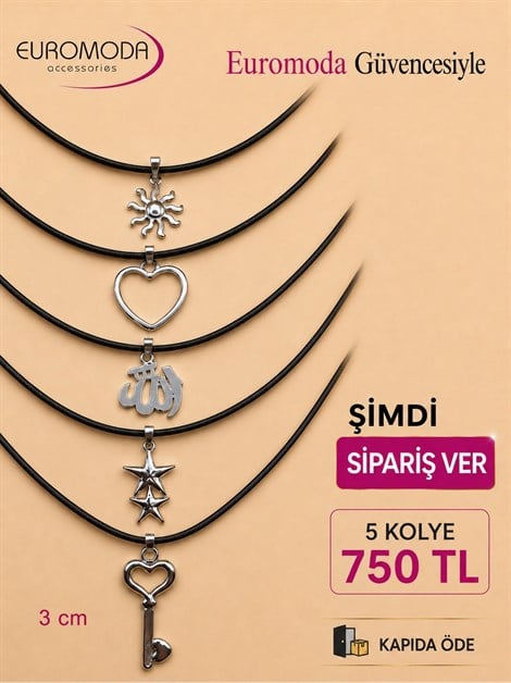 Anahtar Yıldız Kalp Detaylı 5 Adet Deri Kolye