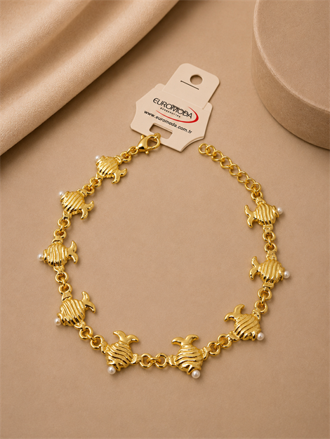 Balık Detaylı Gold Renk Beyaz İncili Zincir Bileklik