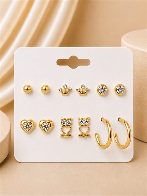 Baykuş Kalp Detaylı Gold Renk 6'lı Küpe Seti