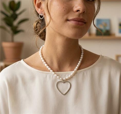 Büyük Kalp İnci Kolye ve Küpe Seti