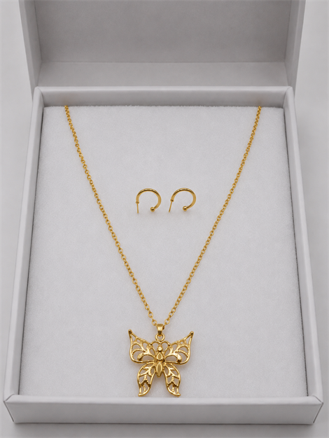 Büyük Kelebek Detaylı Gold Renk 2'li Zincir Kolye Küpe Seti