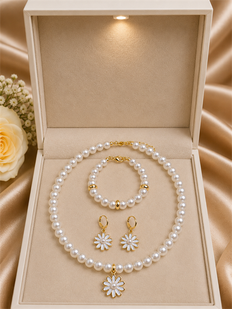 Çiçek Detaylı İnci Gold Renk 3'lü Kolye Bileklik Ve Küpe Seti
