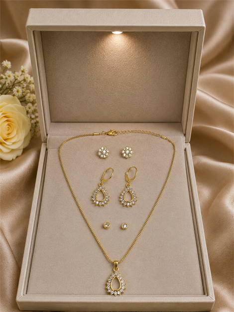 Damla Detaylı Gold Renk 4'lü Zincir Kolye Küpe Seti