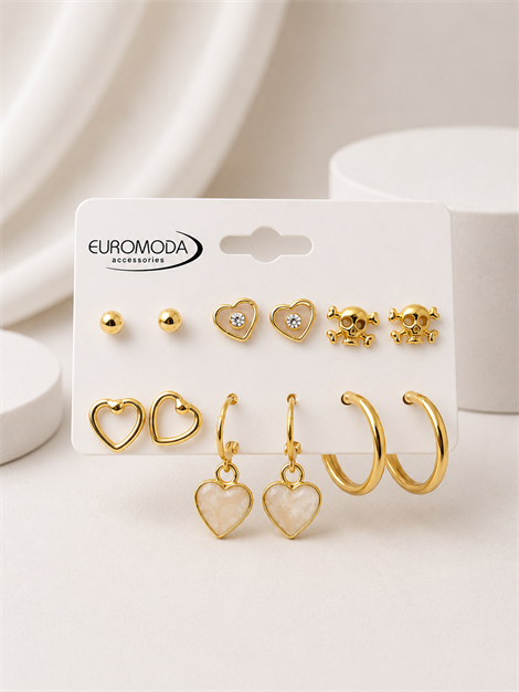 Ekru Mineli Kalp Detaylı Gold Renk 6'lı Küpe Seti
