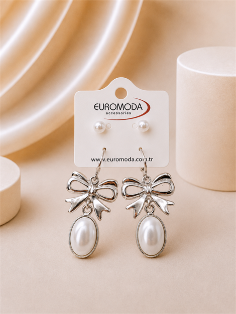 Fiyonk Oval Taş Detaylı İnci Kristal Taşlı 2'li Sallantılı Küpe Seti