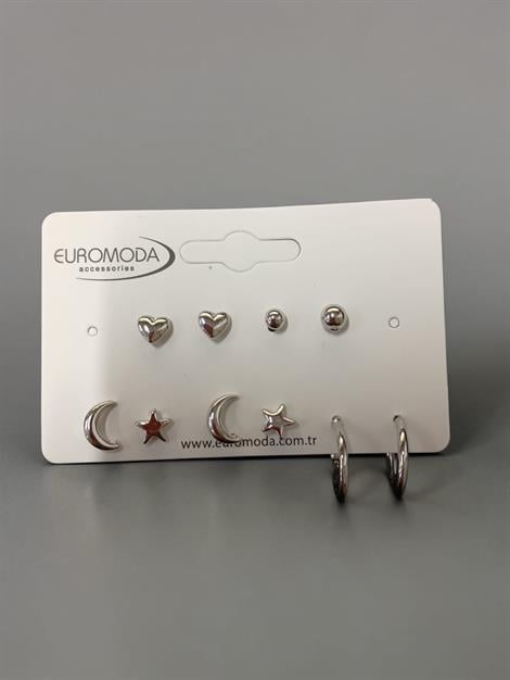 Gümüş Renk 5'li Çift Küpe Seti - Ay Yıldız, Kalp ve Halka Figürlü Karma Kombin Küpe Paketi
