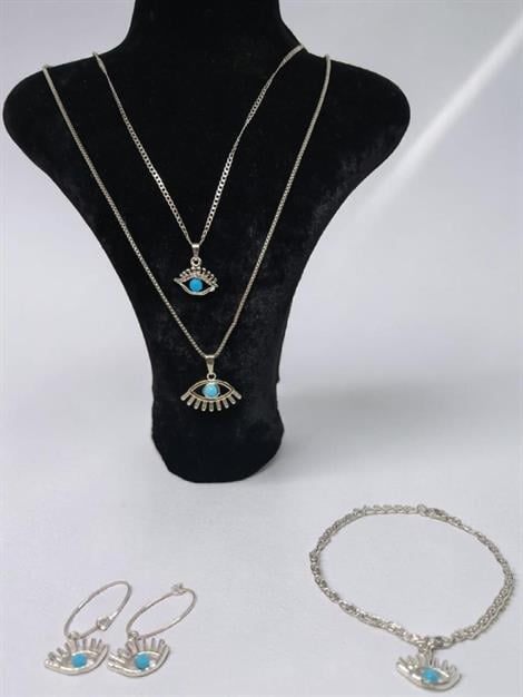 Gümüş Renk Gurmet Zincir Nazar Göz Kolye Bileklik Küpe Seti