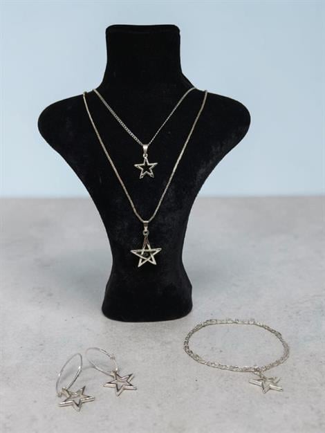 Gümüş Renk Gurmet Zincir Yıldızlar Kolye Bileklik Küpe Seti