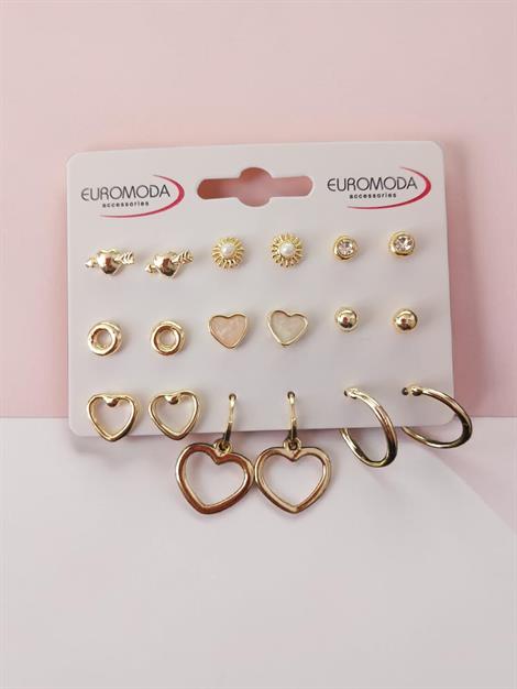 Kadın 9'lu Küpe Seti - Güneş ve Sedefli Kalp Figürlü Kombin Küpe