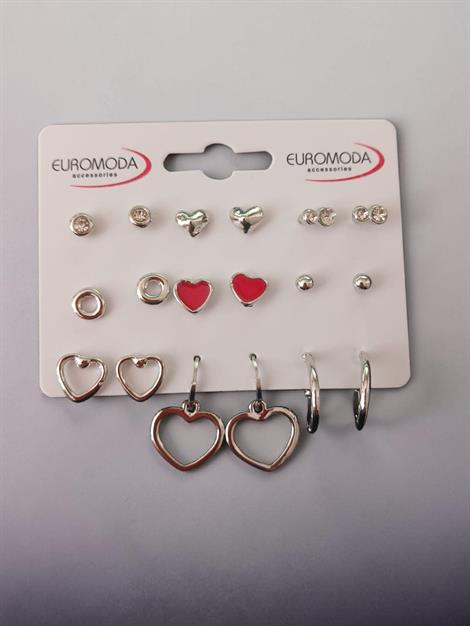Kadın 9'lu Küpe Seti - Kırmızı Kalp ve Halka Detaylı Kombin Küpe