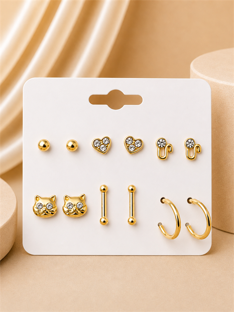 Kedi Çubuk Detaylı Gold Renk 6'lı Küpe Seti