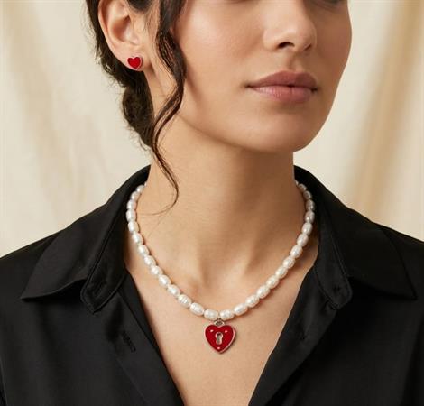 Kırmızı Kalp İnci Kolye ve Küpe Seti