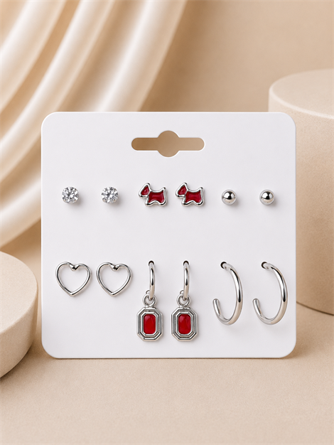 Köpek Kalp Detaylı 6'lı Küpe Seti 