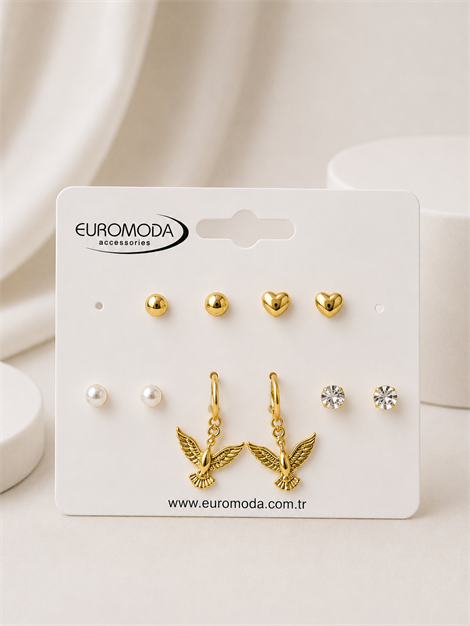 Kuş Kalp Detaylı Gold Renk 5''li Küpe Seti