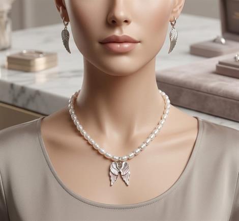 Melek Kanadı İnci Kolye ve Küpe Seti