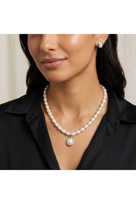 Oval Kesim İnci Kolye ve Küpe Seti