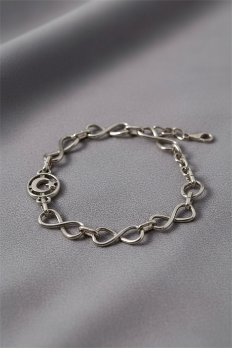 ÖZEL TASARIMLI GÜMÜŞ KAPLAMALI AY YILDIZ DESENLİ ZİNCİR BİLEKLİK