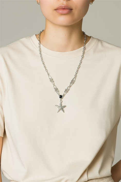 ÖZEL TASARIMLI GÜMÜŞ KAPLAMALI DENİZ YILDIZI TASARIMLI GÜMÜŞ KAPLAMA ZİNCİR KOLYE