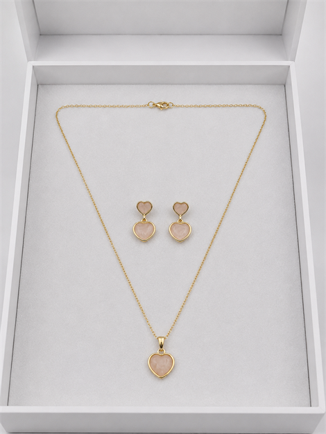Pembe Sedefli Mineli Kalp Detaylı Gold Renk 2'li Zincir Kolye Küpe Seti
