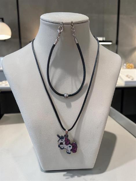 Renkli Unicorn Figürlü Siyah İpli Kolye ve Bileklik İkili Set