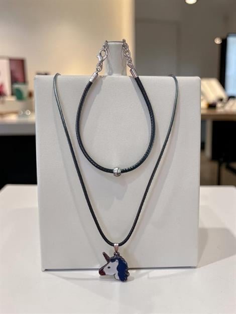 Siyah İpli Unicorn Figürlü Kolye ve Minimalist Bileklik Seti - Gümüş Görünümlü Tek Boynuzlu At Takımı