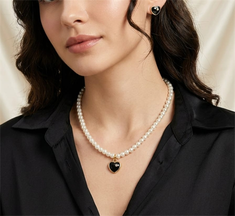 Siyah Kalp  İnci Kolye ve Küpe Seti